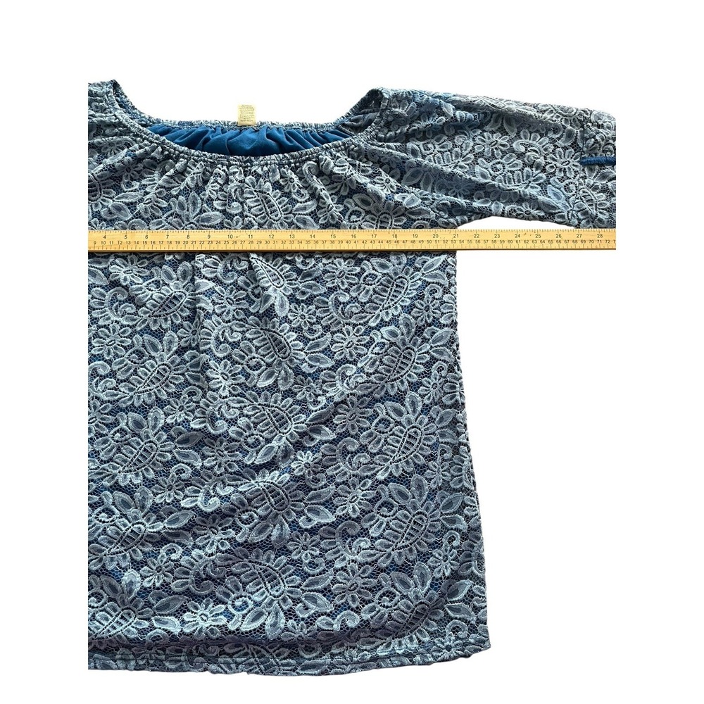 Lildy Women Sz XL Full Lace Tunic Blue Floral 3/4 Bell Sleeve Lined Blouse boho - Picture 5 of 7